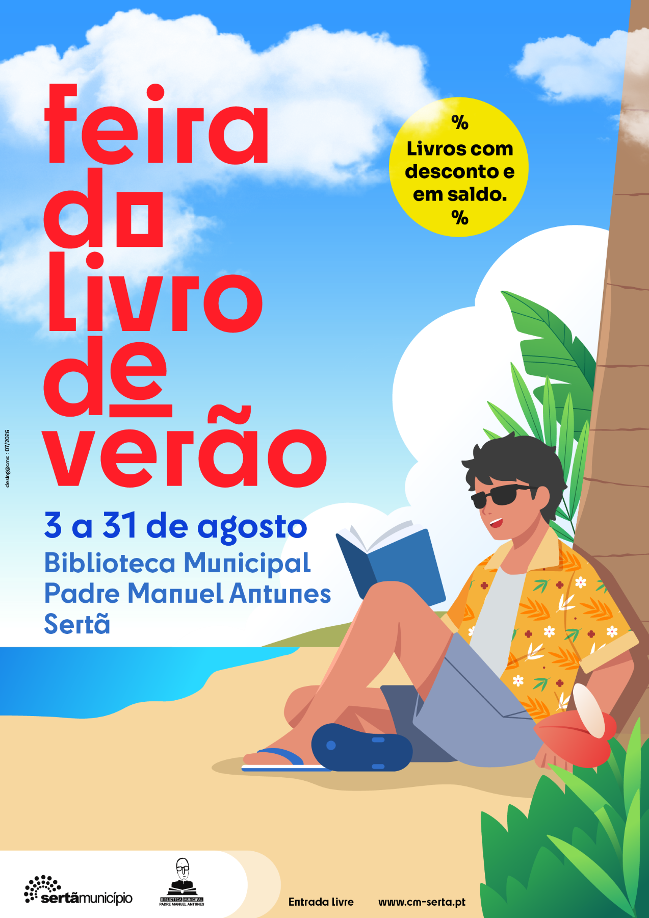 Cartaz da Feira do Livro de Verão, agosto de 2026, biblioteca municipal padre manuel antunes, na sertã