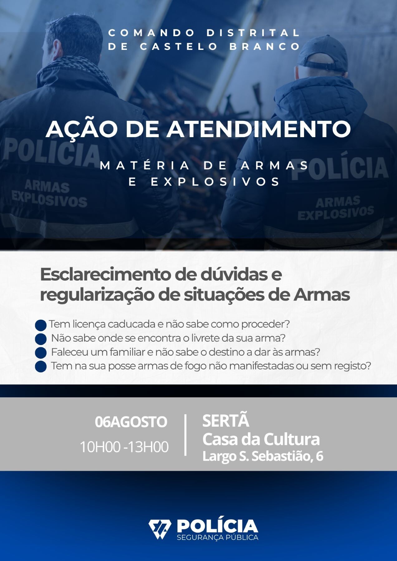 Cartaz de ação de atendimento da PSP sobre regularização de situação de armas na Sertã - agosto 2026