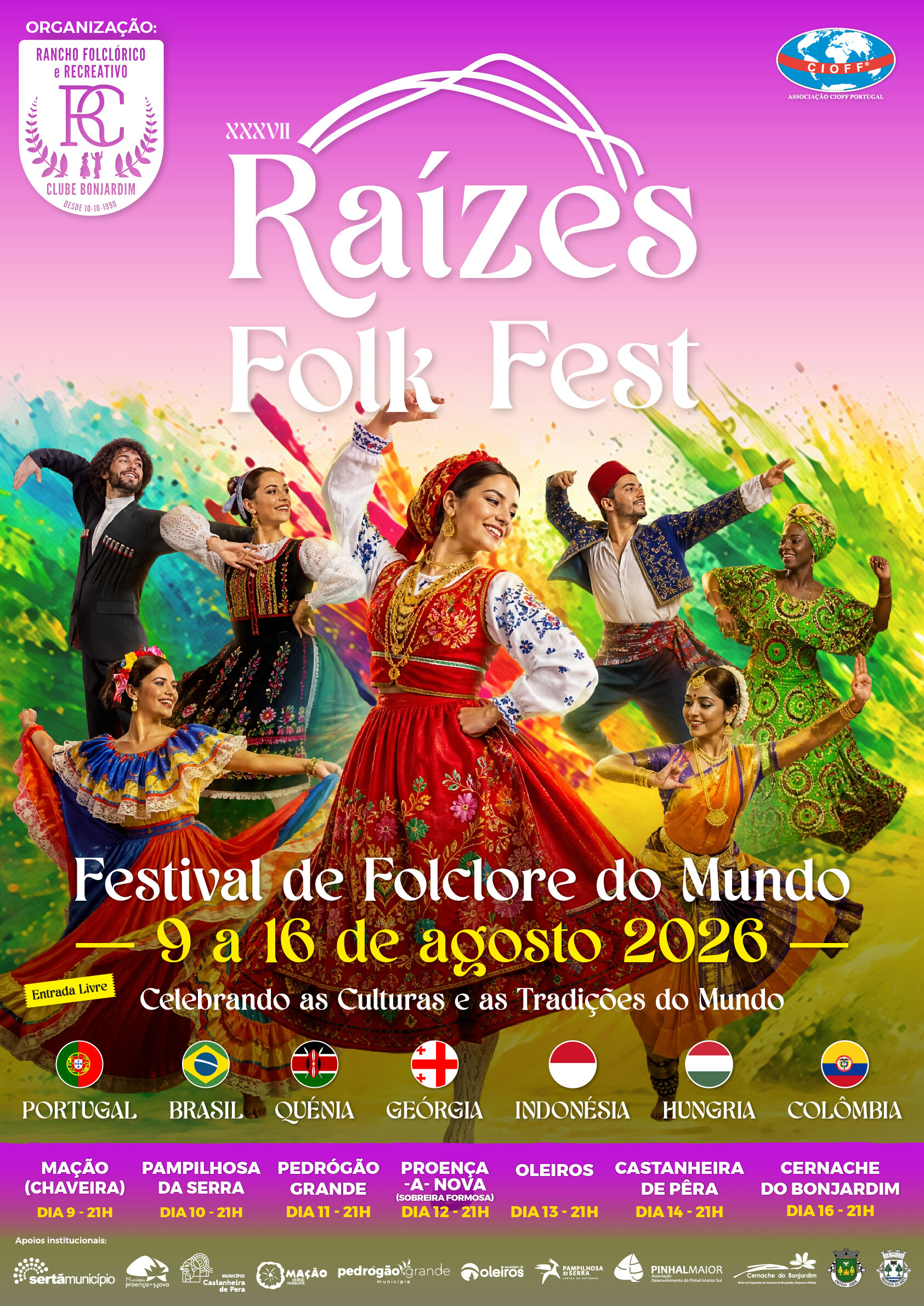 Cartaz da 4ª Edição do Raízes Folk Fest - Festival de Músicas do Mundo - 9 a 16 de agosto de 2026
